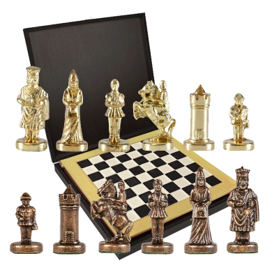 Шахматный набор "Византийская Империя"  (черн. мет. доска 20х20, дер. короб, фигуры золото/бронза)